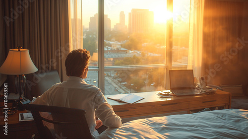 man sitting at a desk next to a bed in a hotel room, business trip