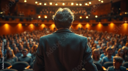 a man with his back turned giving a lecture with a large audience