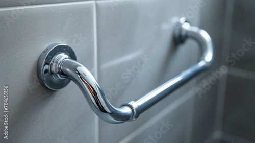 Closeup of a Curved, Chrome, Grab Hand Rail For Bathroom Shower, Bath or Toilet, handrail safety grab bar, security for handicapped, disabled people, accessibility for patients and the elderly. 