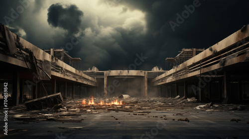 Post-apocalyptic scene of a destroyed building with fire amid rubble under stormy skies