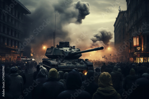 Armed tank on a city street with a crowd of onlookers and smoke rising against a darkened sky.