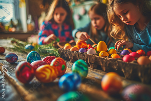 Picture of brightly coloured Easter egg which are being painted by three little girls. Three caucasian children are enjoying painting Easter eggs in their family home.