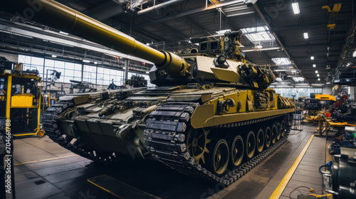 Modern tank inside warehouse of military plant, armored vehicle stored in factory. Interior of industrial hangar. Concept of technology, industry, production, war, manufacture