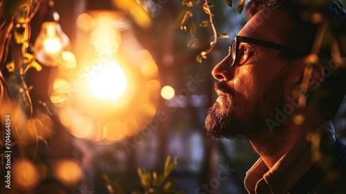  a close up of a person with a beard and glasses looking off into the distance with a bright light in the background.