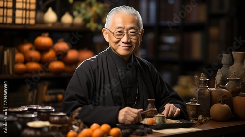 Portrait of a smiling elderly Asian man in traditional clothing