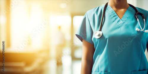 A close-up of a nurse in blue scrubs with a stethoscope in a sunlit corridor.