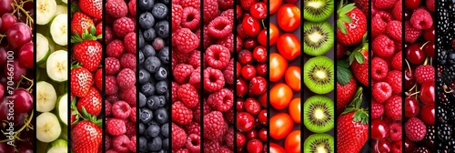 Berry products collage diverse selection divided by white lines, brightly illuminated