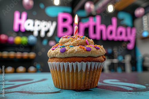 Słodki Trening Urodzinowy. Babeczka jako element fitnesowego świętowania, z kolorowym zdobieniem i napisem "Happy Birthday" w tle – połączenie smaku i aktywności.