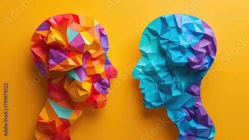 The concept of rational and irrational thinking of two people. Heads of two people with colourful shapes of abstract brain for concept of idea and teamwork. Two people with different thinking.