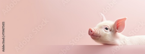 Happy cute mini pig isolated on pink background. Happy funny piglet. Exotic domestic pet. Vegan and vegetarian concept. Animal health, love of nature