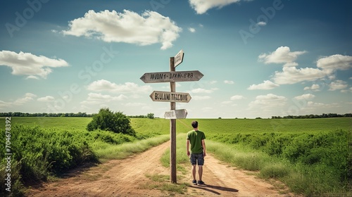 man standing in front of a signpost in a field