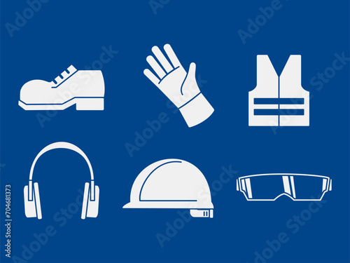 set of industrial PPE icon on blue background