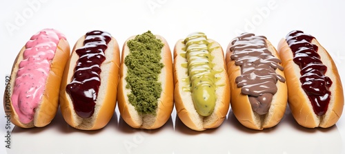 Delicious gourmet french hot dogs with a variety of sauces, isolated on white background