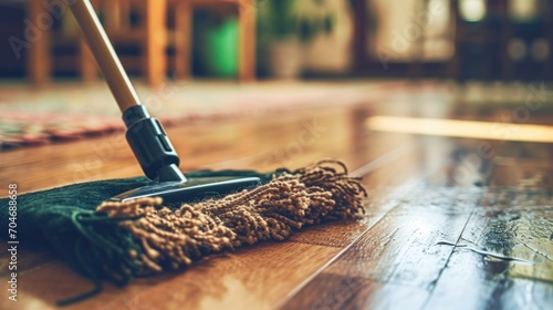  a mop sitting on top of a wooden floor next to a mop on top of a wooden floor.
