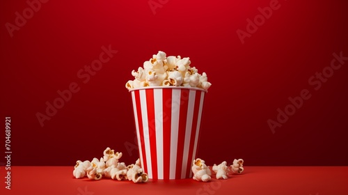 Striped popcorn box on red gradient background with ample negative space for design versatility