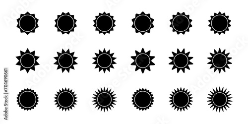 Set of sunburst, sunlight, sunshine icons. Circular badges, stamps, labels, price tags with zig zag and wavy edges. Collection of black discount, sale, promotion stickers isolated on white background.