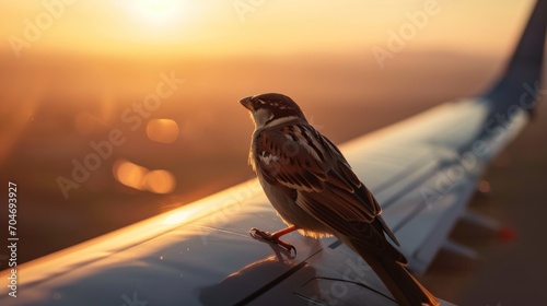  a bird sitting on the edge of an airplane wing at sunset or sunrise or sunset, with the wing of an airplane visible in the background.