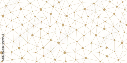 Golden vector triangular mesh seamless pattern. Abstract minimalist gold and white background with lines, nodes, polygonal grid, lattice. Simple luxury geometric texture. Repeated modern geo design