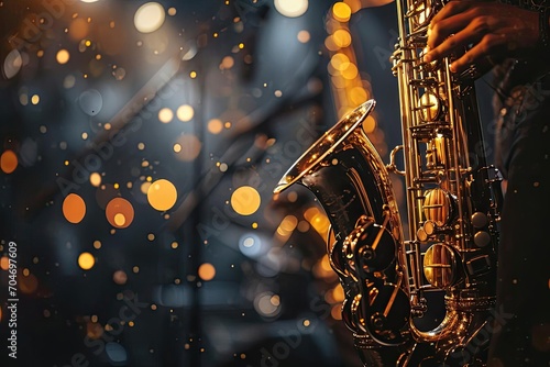 Gleaming saxophone on a dark stage Jazz mood