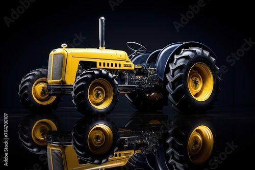 A yellow and blue tractor isolated on a black background