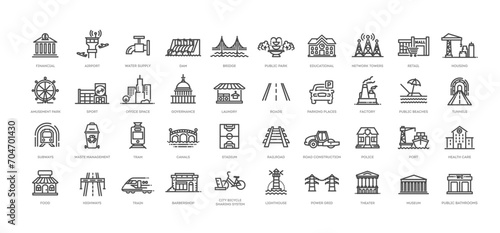 Set of line icons related to public infrastructure. City elements