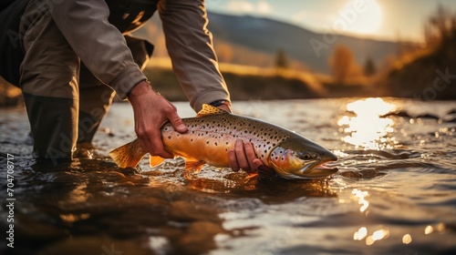 Man holding a brown trout fish in the river