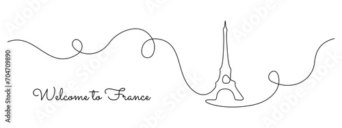 Continuous one line drawing of Paris Eiffel tower. French landmarks and city architecture in simple linear style. Editable stroke. Doodle vector illustration