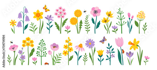 Vector set of spring Easter flowers and insects in flat style isolated on white background. 