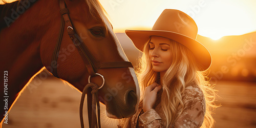 a woman in a cowboy hat poses with a horse during sunrise, generative AI