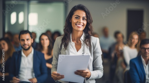 Mexican young business woman in front of a group 
