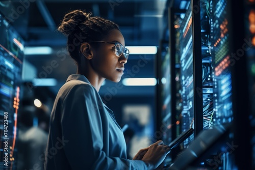 A dedicated female IT technician engrossed in her work, surrounded by a myriad of computer screens and complex tech equipment in a bustling office environment