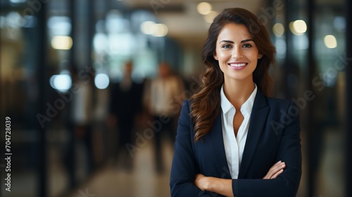 Confident business woman standing with arms crossed in office