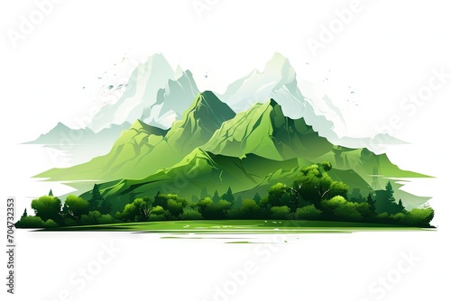 Green mountains alone on a white backdrop