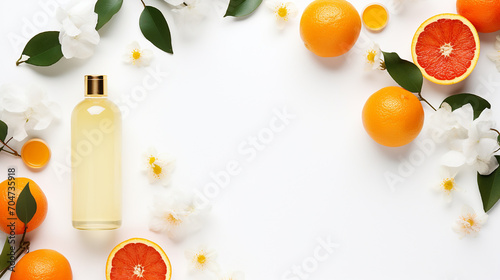 flat lay composition with body care products on white background