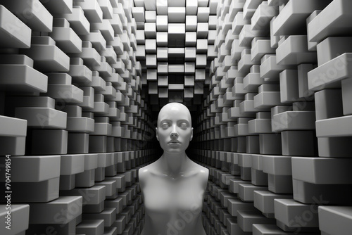 A white mannequin stands before a wall of cubes, creating a surreal and futuristic portrait.
