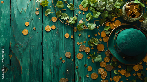 st patrick's day background on wooden board gold coins, hat and clover