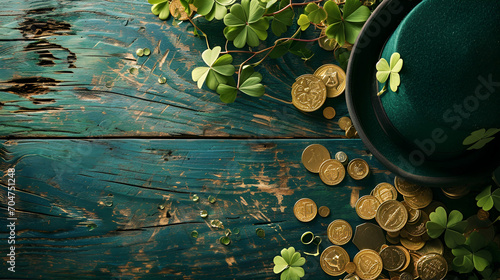 st patrick's day background on wooden board gold coins, hat and clover