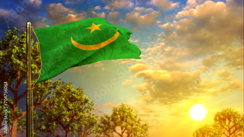 waving flag of Mauritania at sundown for veterans day - abstract 3D illustration