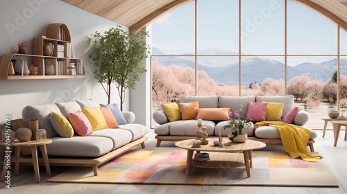 Modern living room interior with large windows and colorful furniture