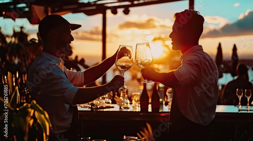 Two bartender enjoying of Cheers glass of wine for wine tasting event in a restaurant at sunset. bartender, tasting, Dinner, Wine, beverage, dinner concept.