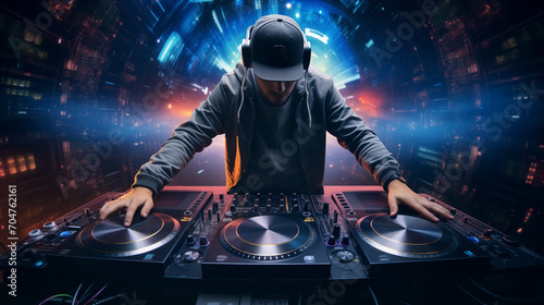 Dj controller with headphones on top of it, dj mixing music, Ai generated image 