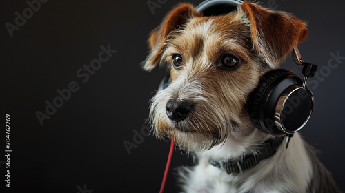 Dog listening to music using over the ear head phones.