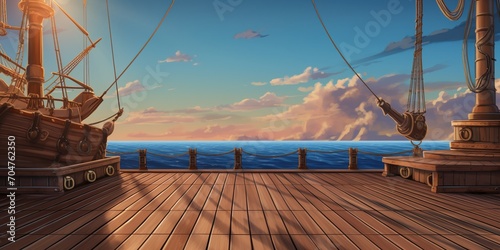 Wooden deck of a pirate ship at sunset
