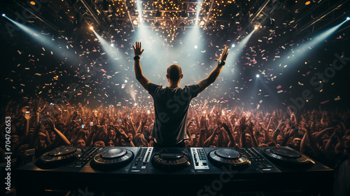 Dj mixing music mixer, dj mixing music, dj at work, close-up, Silhouette of a dancing person in a nightclub, Dj at the concert, Dj playing on stage with huge party crowd in front, Ai generated image