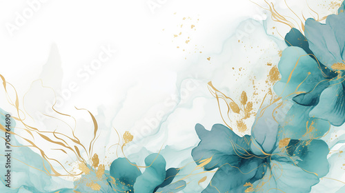 Watercolor Teal background with elements of gold splashes. Great for backgrounds, websites, postcards, invitations, banners, brochures, brochures. floral background with marble pattern