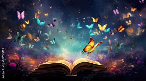 Magical open book with butterflies and sparkling lights. Fantasy and imagination.