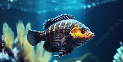Closeup shot of frontosa cichlid fish in the aquarium, fish in aquarium
