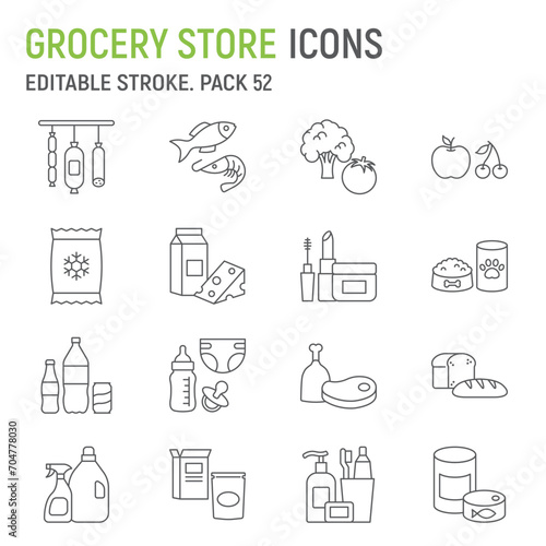 Grocery store line icon set, food collection, vector graphics, logo illustrations, supermarket departments vector icons, food and drinks signs, outline pictograms, editable stroke