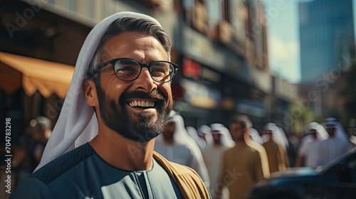 Portrait of handsome arabian man in sunglasses smiling and looking at camera