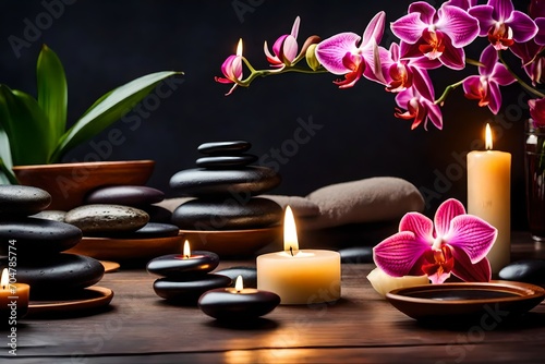 Capture the tranquility of a spa with massage stones, fresh orchid flowers, cozy towels, and the gentle illumination of burning candles for a soothing atmosphere.